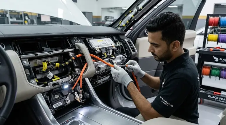 Technician performing safe car amplifier and subwoofer wiring at the best car audio shop in Dubai with proper grounding and factory integration