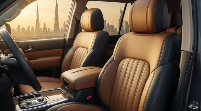 High-quality tan and charcoal custom leather car seats in Dubai with diamond stitching, showcasing professional car seat cover installation in Dubai inside a luxury SUV with a blurred Burj Khalifa background.