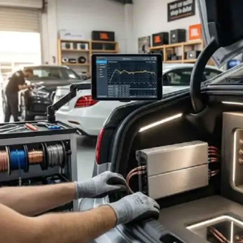 Technician installing car amplifier and subwoofer at the best car audio shop in Dubai with precision wiring and sound calibration