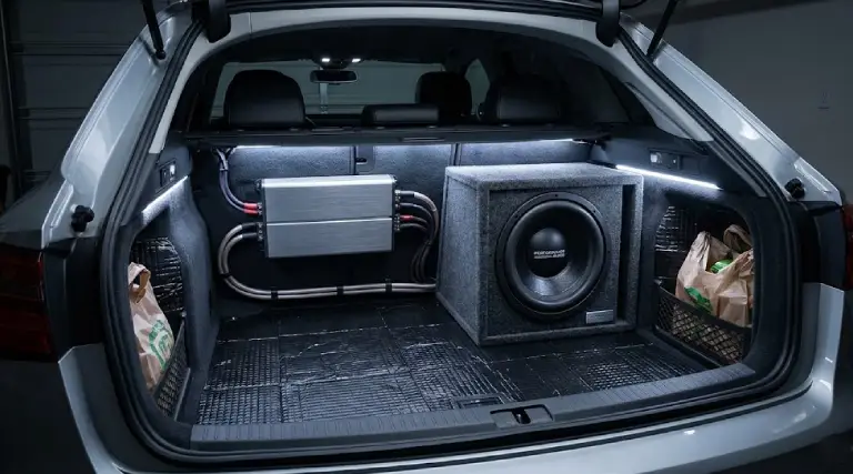 Car amplifier and subwoofer professionally installed in SUV trunk by the best car audio shop in Dubai with clean wiring and balanced audio setup