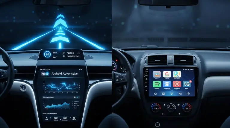 Comparison of native and aftermarket android car systems featuring AR navigation, touchscreen infotainment, and advanced android car safety features.