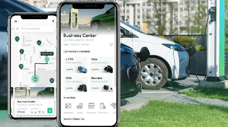 Android car systems displaying EV charging station navigation with smart energy routing, advanced android car safety features, and driving comfort technology.