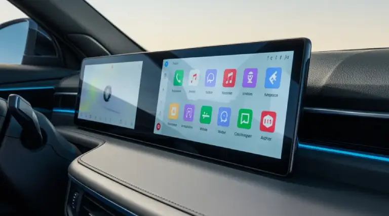 Futuristic 2026 vehicle dashboard showcasing advanced android car systems, featuring AR navigation, and highlighting driving comfort technology and high-tech cabin controls.