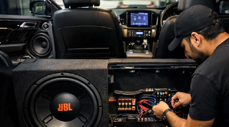 Professional car amplifier and subwoofer installation at the best car audio shop in Dubai featuring JBL car speakers UAE setup