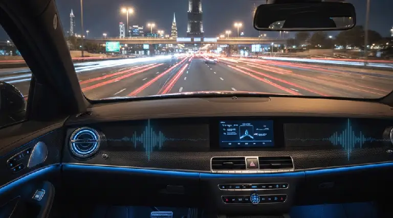 A luxury car interior driving through the city at night, featuring illuminated sound wave graphics on the dashboard to represent a premium installation by the best car audio shop in Dubai.