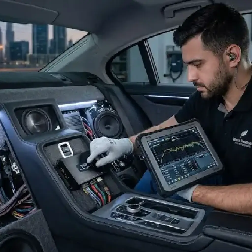 Technician tuning car amplifier and subwoofer system at the best car audio shop in Dubai with JBL car speakers UAE installed
