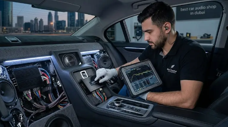 Technician tuning car amplifier and subwoofer system at the best car audio shop in Dubai with JBL car speakers UAE installed