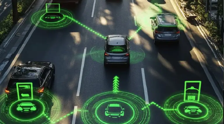 Android car systems using V2X communication and AI-driven android car safety features to detect surrounding vehicles and improve driving comfort technology on smart highways.