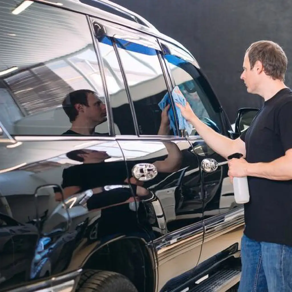 Technician installing black feather window tint film on a car window