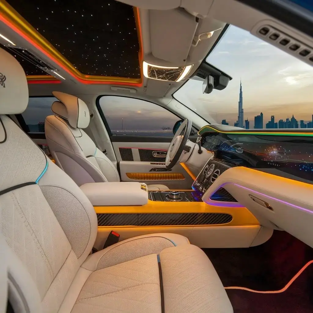 Blackfeather luxury car interior with premium seat covers and UAE city skyline view